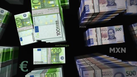 Euro and Mexican Peso money exchange. Paper banknotes pack bundle. Concept of trade, economy, competition, crisis, banking and finance. Notes loopable seamless 3d animation.