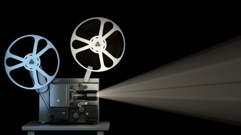 Old fashioned retro cinema projector plays film on the black background. Isolated vintage movie projector with rotating bobbins and film reels. 35mm spool film strip moving inside cinema equipment.