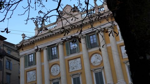 Bergamo. Lombardy. Italy. 10-31-2021. Historic building facade. Medolago Albani Palace. City of Bergamo. Panning 4K