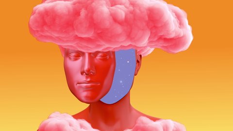 Man body with red cloud on head. Realistic 3d art composition in creative modern stop motion style. Minimal abstract graphic concept design. Fashion loop animation.