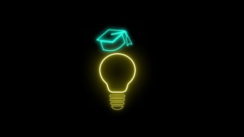 Education and Graduation concept icon animation. Glowing neon line Light bulb and graduation cap icon isolated on black background. University Education concept. 4K Video motion graphic animation.