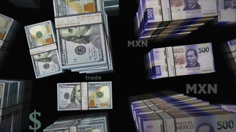 American Dollar and Mexican Peso money exchange. Banknotes pack bundle. Concept of trade, economy, competition, crisis, banking and finance. Notes loopable seamless 3d.