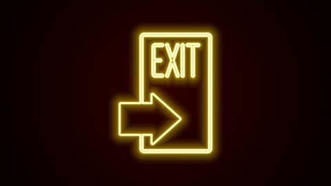 Glowing neon line Fire exit icon isolated on black background. Fire emergency icon. 4K Video motion graphic animation.