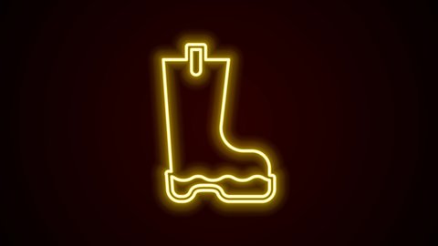 Glowing neon line Waterproof rubber boot icon isolated on black background. Gumboots for rainy weather, fishing, gardening. 4K Video motion graphic animation.