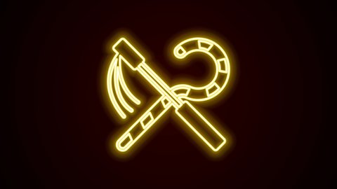 Glowing neon line Crook and flail icon isolated on black background. Ancient Egypt symbol. Scepters of egypt. 4K Video motion graphic animation.