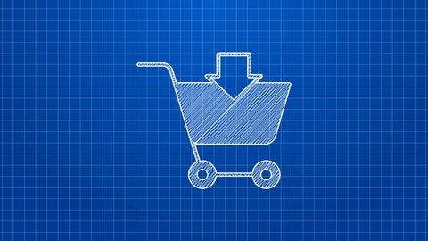 White line Add to Shopping cart icon isolated on blue background. Online buying concept. Delivery service sign. Supermarket basket symbol. 4K Video motion graphic animation.