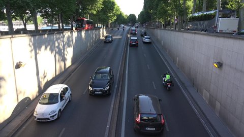 PARIS, FRANCE, JUNE 30, 2019 Cars Traffic in Tunnel on Highway, Driving Urban Streets Roads in France Downtown, People Drivers Tourists Traveling Subway