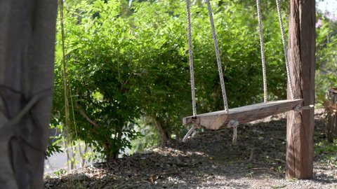 Empty wooden swing slightly moving, hangs with a rope between trees, outdoor. Peaceful green sunny day, calmness, no people. 10bit, 422