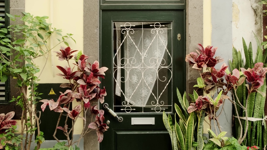 Green doors surrounded by flowers