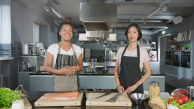 Part One of Social Media TV Cooking Show Montage in Restaurant Kitchen with Female Chefs. Two Diverse Presenters Talk, Show Step-by-Step How to Prepare Healthy Fun Meal. Online Video Course