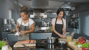 Part Two of Social Media TV Cooking Show Montage in Restaurant Kitchen with Female Chefs. Two Diverse Presenters Talk, Show Step-by-Step How to Prepare Healthy Fun Meal. Online Video Course