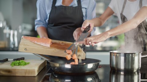 Restaurant Kitchen: Diverse Team of Female Master Chefs Talking, Preparing Fish Dish on a Frying Pan. Two Professionals Cooking Delicious, Authentic, traditional Food, Healthy Meal Recipe