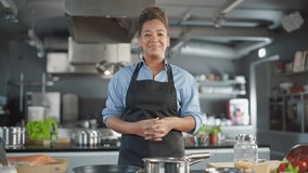 TV Cooking Show Restaurant Kitchen: Black Female Chef Talks, Teaches How to Cook Food. Online Video Class, Streaming Service, e-Learning Video Course. Healthy Traditional Dish Recipe Preparation