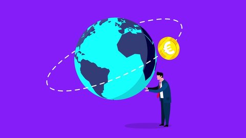 Euro coin turning around the Earth on the orbit and a businessman moving it. Cartoon economy animation. Flat design motion graphic metaphor good as intro, background, etc...