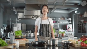 TV Cooking Show Kitchen: Asian Female Chef Talks about Ingredients, Teaches to Cook Food. Online Video Class, Streaming Service of e-Learning Video Course. Healthy Traditional Dish Recipe Preparation