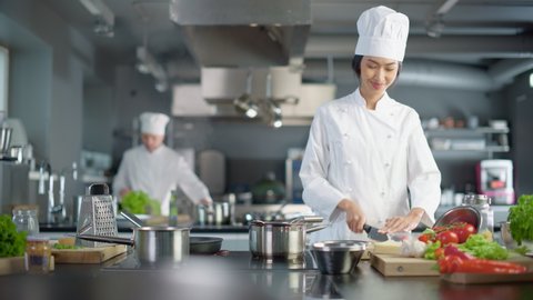 Restaurant: Portrait of Asian Female Chef Posing in Modern Professional Kitchen Turning and Looking at Camera and Smiling. Cooking Delicious Dish, Healthy, Authentic Food, Preparing Meal. Slow Motion