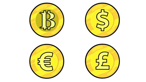 Four turning round cartoon coins with outline. Looping isolated animation of dollar, pound, bitcoin and euro. Money with alpha.