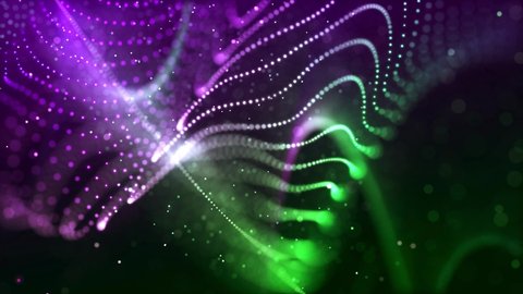 Abstract Motion Reveal Artistic Fish Fin With Purple Green Blurry Focus Glowing Shine Wavy Dotted Lines Glitter Particles Background