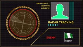 Radar enemy tracking system video footage. Nigeria user identity tracking video on grid screen.