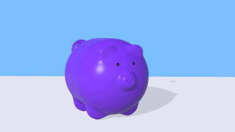 Money falls into the piggy bank. 3D animation. The concept of savings, investment and finance.