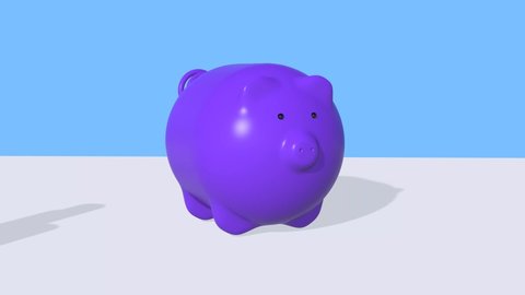 Piggy bank and a pile of money coins. 3D animation. The concept of savings, investment and finance.