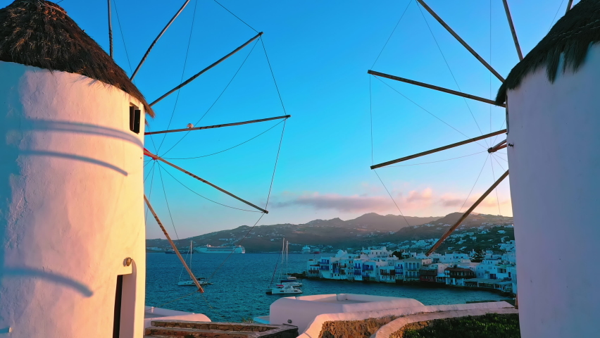 Journey landscape of greek island Mykonos. Windmills on sea coast of Greece Royalty-Free Stock Footage #1086118640