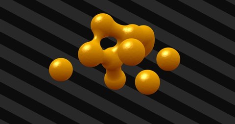 Drops of thick yellow paint levitate on striped grey background. 4k seamless animation loop. Lossless quality. 3D-rendering.