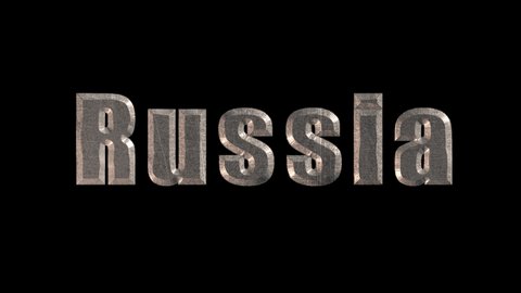 Metal text Russia is gilded sparks and shines. Success, prosperity and development concept. Prorez with alpha, easy to place on any background.