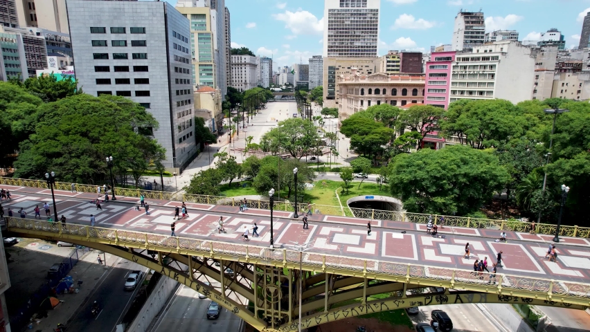 Santa Efigencia Viaduct at cityscape Sao Paulo Brazil. Stunning landscape of historic center of city. Medieval buildings and viaducts of historic center of Sao Paulo. Travel destination of Sao Paulo. Royalty-Free Stock Footage #1086123776