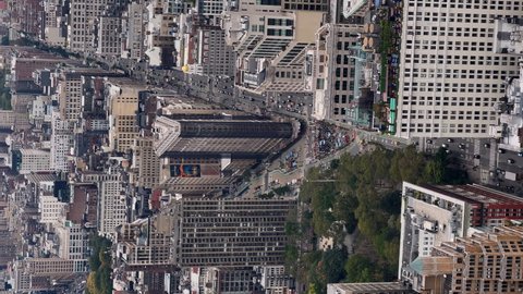 NEW YORK, USA - OCTOBER, 24, 2021: Vertical video. Aerial view of midtown Manhattan in New York USA. Flatiron building historical architecture. City view.