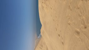 Vertical video. Woman with glass of champagne and oyster. Sandwich Harbour in Namibia at coast of Ocean. Sandy beach, dunes. Summer vacations, wild desert nature in Africa. Luxury breakfast outdoors.