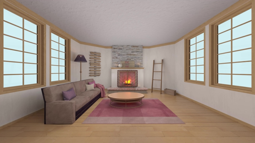 3D rendering of the living room with a fireplace
