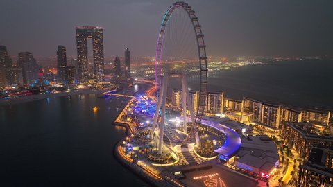 Ain Dubai, the world's largest ferris wheel illuminated in night lights on Bluewaters Island at Dubai Marina - Dubai - Jan 2022