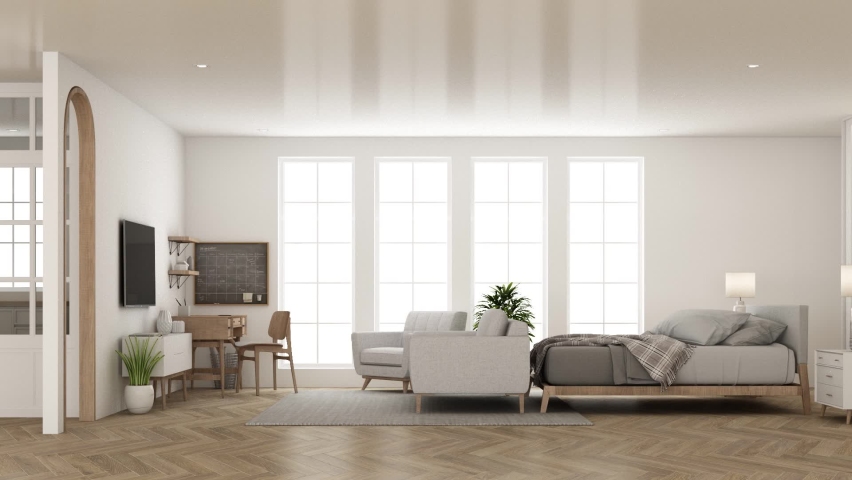 Build up Interior in vintage minimalist style in the living dining  bedroom. using wood material and light gray cloth on parquet floor and arched walkways with large windows 3d render animation looped | Shutterstock HD Video #1086134150