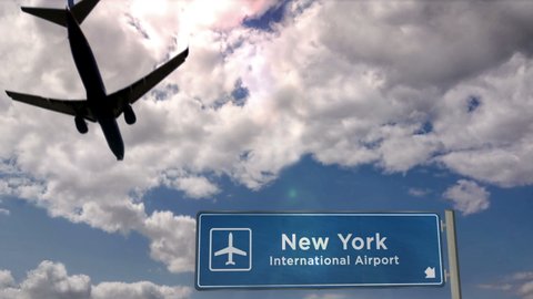 Jet plane landing in New York, USA. City arrival with airport direction sign. Travel, business, tourism and airplane transport concept.