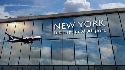 Plane landing at New York, USA 3D rendering animation. Arrival in the city with the glass airport terminal and reflection of the jet aircraft. Travel, business, tourism and transport concept.