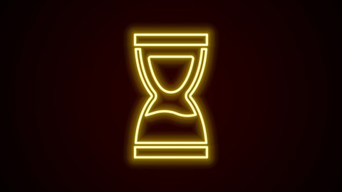 Glowing neon line Old hourglass with flowing sand icon isolated on black background. Sand clock sign. Business and time management concept. 4K Video motion graphic animation.