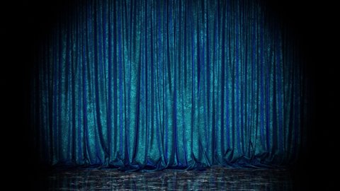Realistic 3D animation of the luxurious and fancy blue textured velvet show stage curtain with black marble or granite floor rendered in UHD with alpha matte