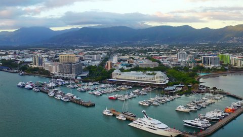 Aerial View Of Cairns Marlin Marina With Waterfront Hotels In Cairns City, QLD, Australia.