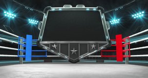 Boxing or wrestling ring and steel shield with empty space for advertisement text. Empty battleground and illuminated sport arena with light flashes. Two 4K video parts of loopable sport intro.