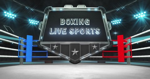 Boxing or wrestling ring and steel shield with empty space for advertisement text. Empty battleground and illuminated sport arena with light flashes. Two 4K video parts of loopable sport intro.