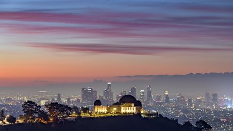 Griffith Park and Los Angeles Skyline Amazing Sky Sunrise Timelapse