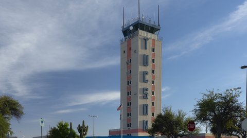 TUCSON, AZ, USA, 1-16-2022 - Time lapse of clouds above the old control tower at Tucson airport