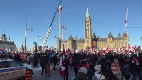 Ottawa, Canada - January 29, 2022:  Demonstration in downtown Ottawa in support of the Truck convoy protest.