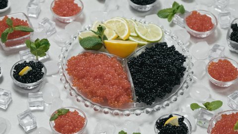 Caviar. Red and black caviar in dishes. Elite salmon caviar and black Beluga sturgeon salted roe on ice. Appetizing snacks on table with lemon, lime. Delicatessen. Gourmet food. Rotating