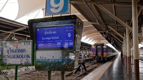 Train station Hua Lamphong platform, information board, timetable. Old railway station, famous landmark for tourist. 10bit, 422. Bangkok, Thailand Dec 2 2021
