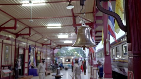 Traditional retro brass bell at old train station in Thailand. Hua Hin Railway Station. Close up, 10bit, 422. Hua Hin, Thailand 2 Dec 2021