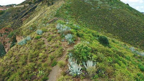 Stunning areal view of ancient Pico de Bandama volcano in Gran Canaria, located on the edge of a volcanic crater against the backdrop of lush green valleys and small villages of Canary islands.