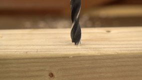 Wood drilling with drill bit. Slow motion 1080p HD video