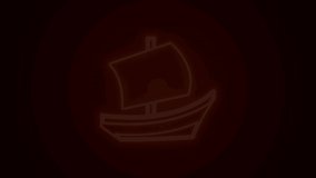 Glowing neon line Egyptian ship icon isolated on black background. Egyptian papyrus boat. 4K Video motion graphic animation.